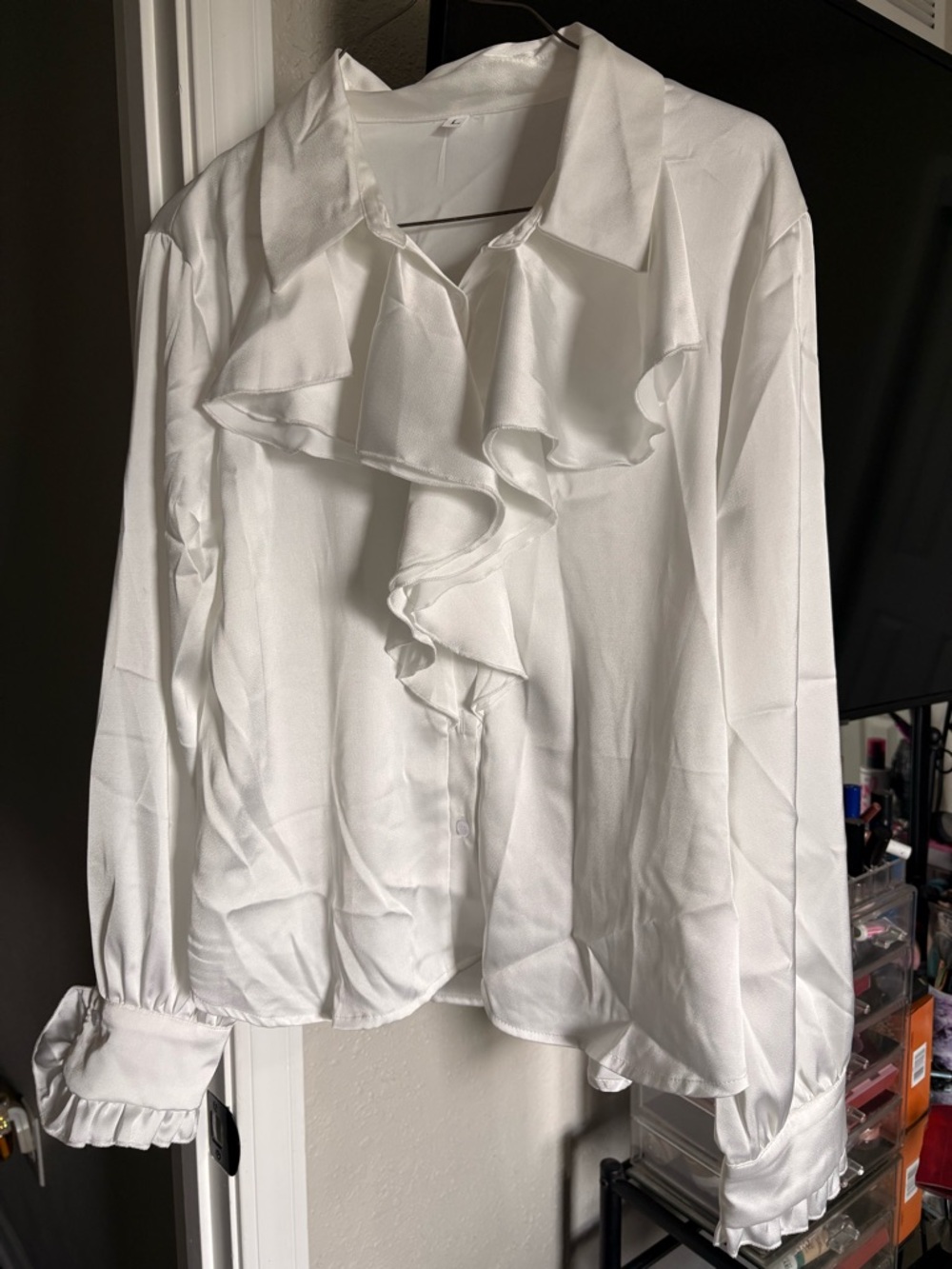 SHEIN White Ruffle Front Button Blouse